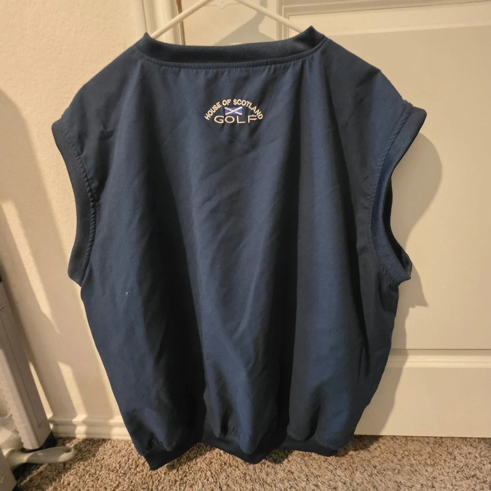 House of Scotland Golf Mens Navy Blue V-Neck Windbreaker Vest Large Embroidered